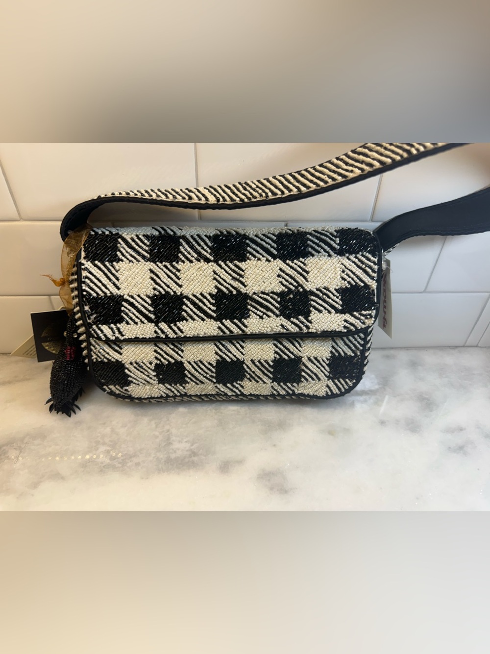 Viral Tik Tok Black/White Checkered Beaded Bag With Black Swan Charm NWT